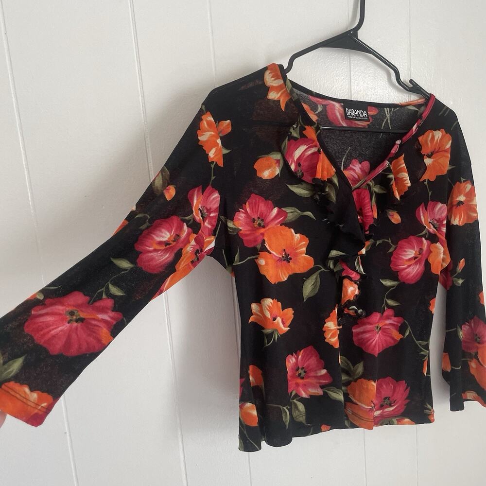 Y2K Floral Mesh Ruffle Top Sheer Long Sleeve Whimsigoth Romantic Black‎ M Fairy - Picture 7 of 7